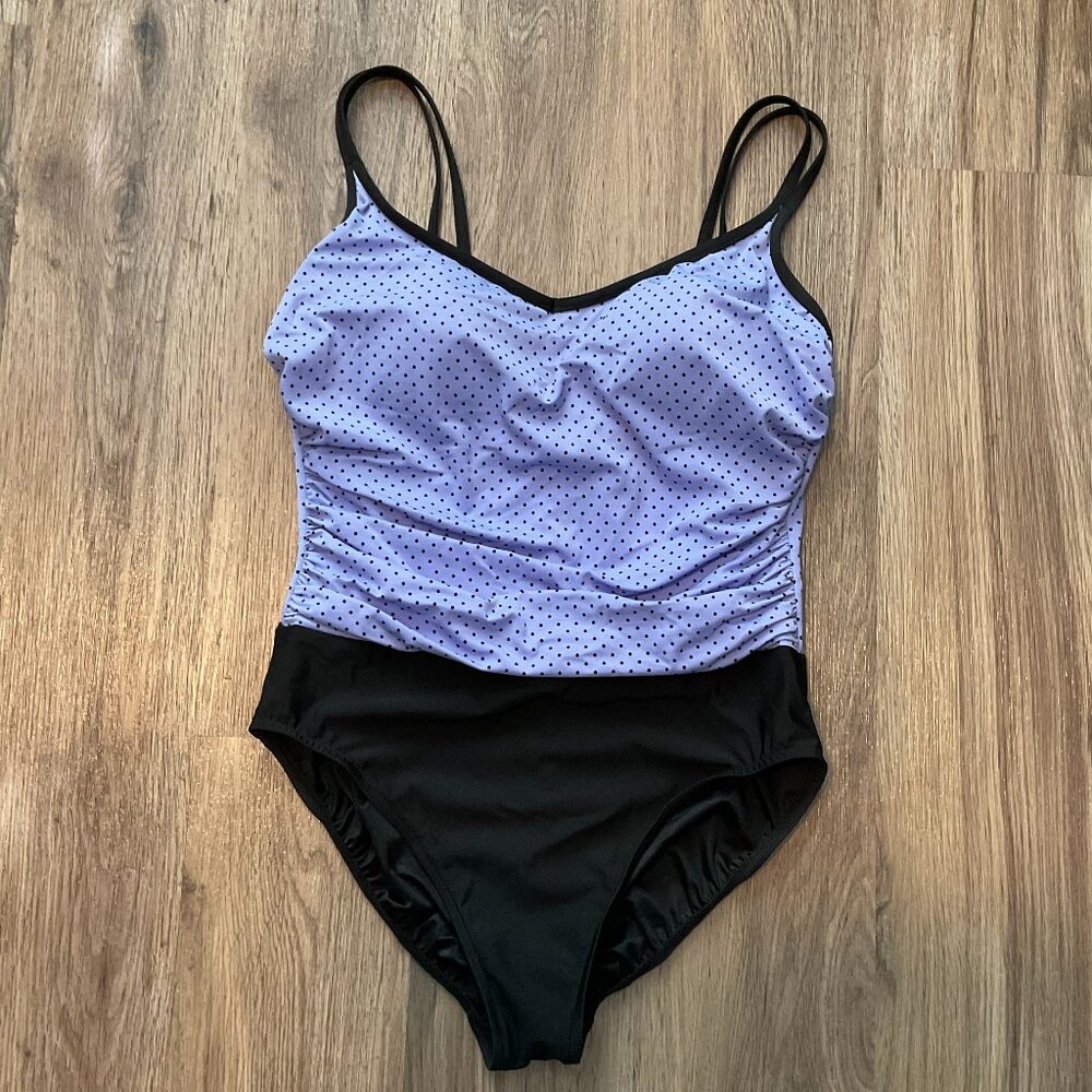 Trimshaper Swimsuit One Piece Purple Black Polka Dot Bathing Suit Size 12‎